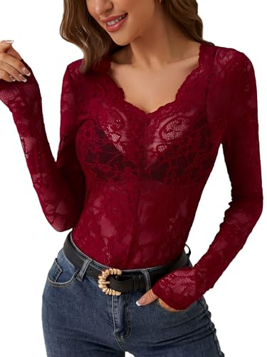 AIEOE Mujeres Blusa Floral Patrón Señoras Tops Sexy Cuello en V Sheer Encaje Malla Top Tamaño M Rojo