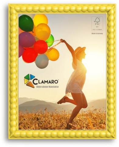 CLAMARO Bilderrahmen Bubble Design 50x70 cm Gelb, MDF Holz, Acrylglas | Handgefertigt in Deutschland, für Fotos, Poster oder Puzzle, Hoch- und Querformat, Metall-Zackenaufhänger, HDF-Rückwand