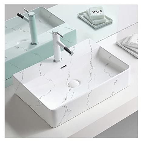 Lavandino da bagnoLavandino del bagno, lavabo rettangolare in ceramica, effetto marmo bianco, lavabo da appoggio sopra il piano 23,8X16,5, lavabo da appoggio in ceramica da tavolo