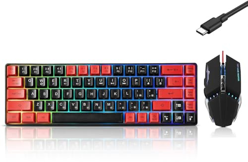 Guiheng Tastiera e mouse da gioco con cavo al 60%, ultra-compatta a 61 tasti RGB retroilluminata, leggera ottica 3200 DPI, set da gioco cablato per Windows, PC, Mac, PS5, Xbox Gamer, nero e rosso