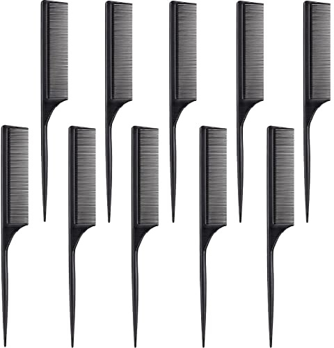 Leinuosen 10 Pcs Rat Tail Combs Set, Parting Comb Braiding Hair Styling Teasing Fine Tooth Comb for Women, Carbon Heat Resistant Anti Static Pintail(Black)