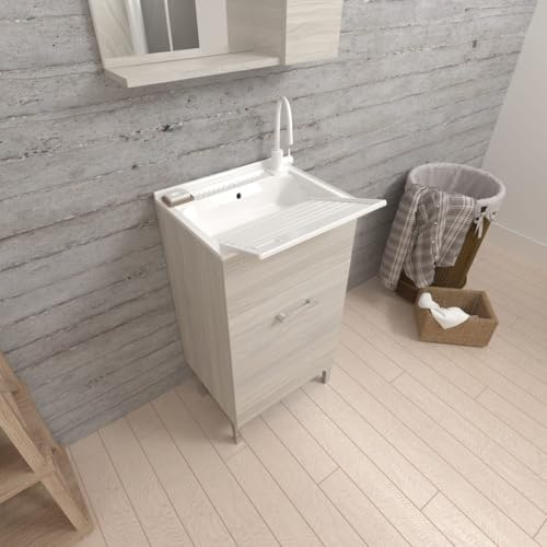 Kiamami Valentina - Lavatoio 45cm con 1 anta grigio effetto legno e vasca con asse asportabile | Pratico