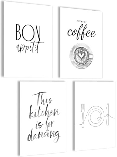 mojoliving Moderne Bilder Poster Set | Küchendeko Sprüche Set Küchenposter Wandcollage Wand Deko | 4x A4 ohne Bilderrahmen | Aesthetic Kunstdruck für Küche und Wohnzimmer K5