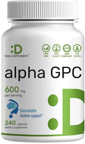 Alpha GPC 600mg Per Serving, 240 Capsules – Bioavailable Choline Replenishment –Nootropic Brain Health Supplements for Memory and Focus – Non-GMO, Gluten Free