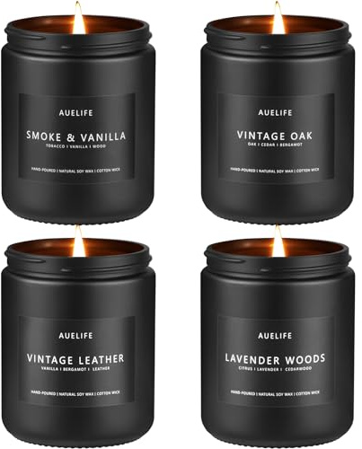 Scented Candles Set | Men Candle Set, Scented Candles for Home, Gifts for Men Aromatherapy Gift Set - 4 Pack Manly Gifts for Dad Fathers Day, Soy Candle of Leather/Smoke & Vanilla/Oak/Lavender