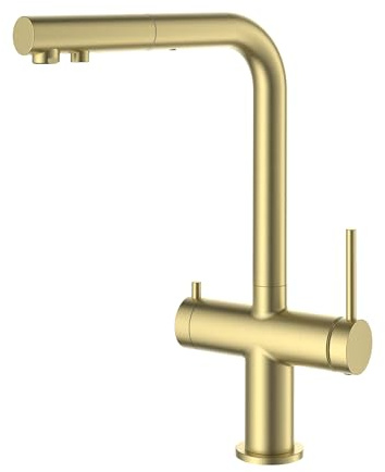 KIBI Pull Down Kitchen Faucet with Built-in Water Filter | Dual Function Spray | High Arc Circular Drinking Water Filtration Faucet | Solid Brass Construction | Lead-Free (Brushed Gold, KFF502)