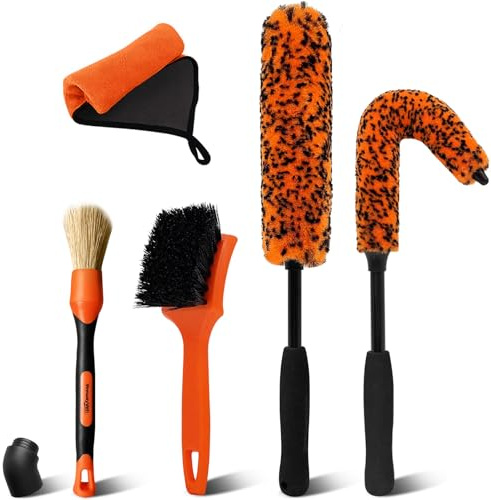YeewayVeh 5PCS Car Wheel Cleaning Kit, 2-Size Bendable Wheel Rim Brush，Tire Brush and Car Detailing Brush, Soft & No-Scratch Car Wheel Rim Cleaner Brush Set with Microfiber Towel for All Wheel Types