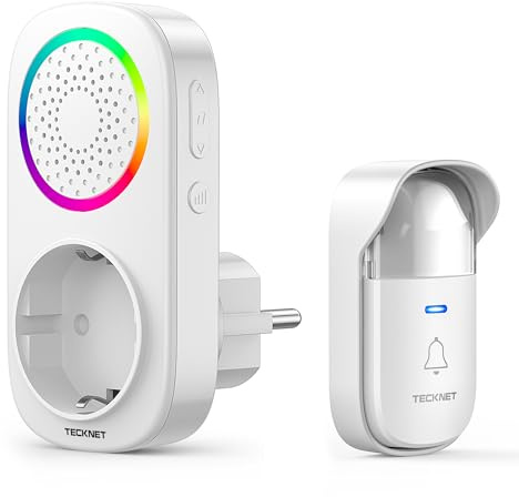 TECKNET Funkklingel Batterielose, IP65 Funkklingel aussen Wasserdicht, Haustürklingel mit Plug-In-Empfänger, Klingel Haustür Kit mit EU-Steckdose und RGB Licht, 5 Lautstärkestufen, 60 Melodien, 300m