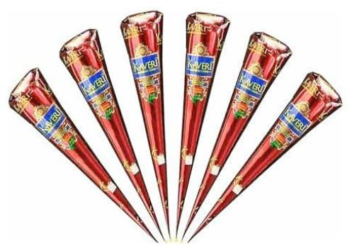 Hochwertige, natürliche Mehndi-Henna-Kegel von Kaveri, nicht-permanente Tattoos, Rot-Braun, 6 Stück, 100% natürlich, PPD-frei, keine schädlichen Chemikalien