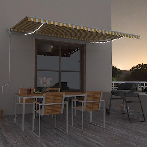 IKAYAA Tenda da Sole 500x300 Tenda da Sole Retrattile Manuale con LED con Manovella Tenda a Braccio per Esterno Terrazza Balcone -Giallo e bianco-500 x 300 cm