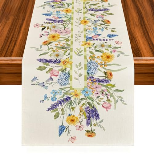 Chemin de Table Fleurs Printemps, 33x183 cm Chemin de Table de Pâques, Lin de Haute Qualité, Décoration de Table à Manger de Printemps pour Cuisine, Salle à Manger, Fête, Pâques (B)