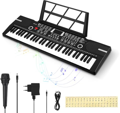 61 Tasten Kinder Keyboard mit Begleitautomatik, 100 Töne & Rhythmen, 10 Demo-Songs - Tragbares Elektro-Piano inkl. Mikrofon, Notenständer & Aufklebern für Anfänger Jungen Mädchen, Schwarz
