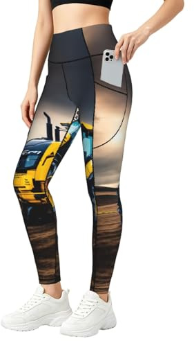 SABFWF Company Bondgårdsstraktor tryck leggings för kvinnor, träningsset med fickor, för gym, fitness och vardagskläder, Svart, 3XL