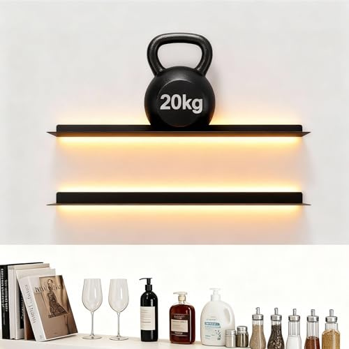 Schwebendes Regal mit Lichtern, wandmontiertes Ausstellungsregal, Schlafzimmer, Wohnzimmer, Badezimmer, Küche – modern – aus Metall(Black,100cm)