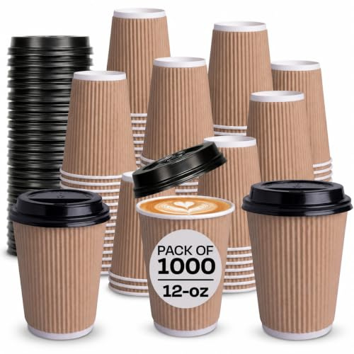 We Can Source It Ltd - 1000 x 12oz Kraft Ripple Cups 3-PLY Disposable Insulated Paper Coffee Cups & Black SIP Through LIDS