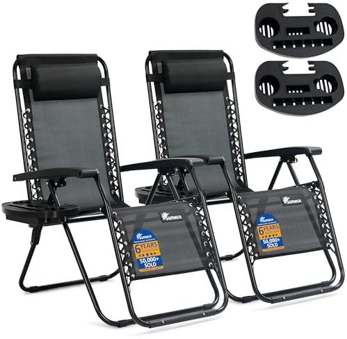 SUNMER Sun Lounger Garden Chairs - Set of 2 Zero Gravity Chairs with Cup & Phone Holder, Adjustable Headrest & Pillow - 30° to 90° Folding Deck Recliner - Professional Outdoor Seating - Black
