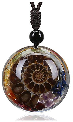 Jovivi 7 Chakra Collana Ciondolo in Pietra Naturale Ammonite Fossile, Collana con Pendente Retondo Resina Spirale della Fortune, Yoga Collana a Corda Regolabile Portafortuna Regalo per Lei Fidanzata