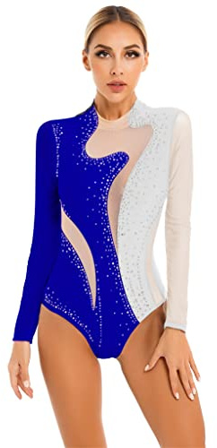 Mufeng Damen Turnanzug Langarm Gymnastikanzug mit Strass Glitzer Tanzbody Akrobatik Anzug Ballettbody Training Wettkampf Tanzkleidung