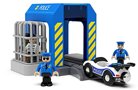Wooden Train Tracks Accessories, Train Set Piece of Police Station Compatible with All Railroad Track collection, Train Toys Expansion Pack for Kids Ages 3 and Up.
