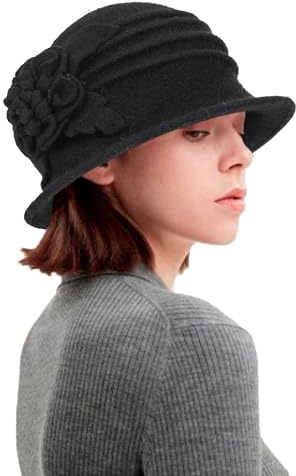 XuoAz 1920S Vintage Cloche Bucket Hat - Warm Winter Wool Cloche Bowler Hat for Women Ladies Derby Party Crushable, Black55, M