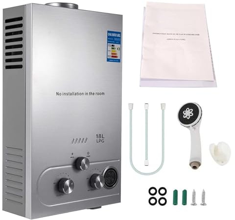 Calentador de agua de gas instantáneo LPG 7L, 14KW Instant Gas Water Heater, caudal 7L/min, kit de ducha incluido, montaje en pared, protección sobrecalentamiento 85℃, para casa, camping, caravana (B)