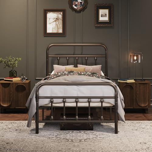 Yaheetech 3ft Single Bed Frame Vintage Iron Platform Bed with High Headboard and Footboard, Strong Metal-Framed Bed with Storage Bronze