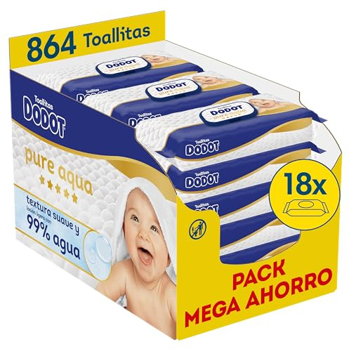 Dodot Toallitas Pure Aqua Para Bebé, 864 Toallitas (18 Packs de 48 Unidades), Ayuda A Restaurar El PH Natural De La Piel, 99% Agua, Sin plástico (Paquete de 2)