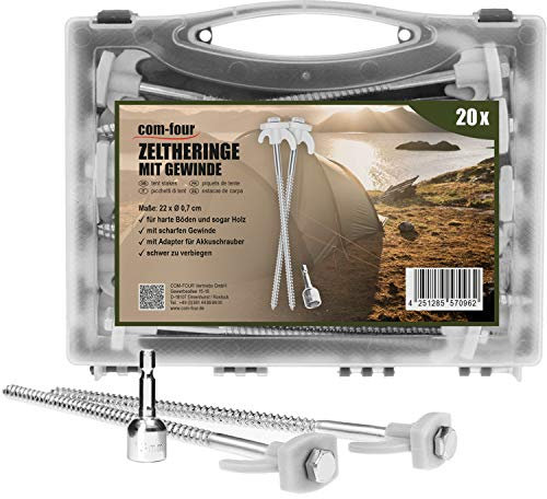 com-four® 20x Zelt-Heringe aus Stahl - Schraubheringe in Transportbox - robuste Erdnägel mit Gewinde für Camping und Outdoor - Zeltpflöcke ideal für harten Boden 220x7mm