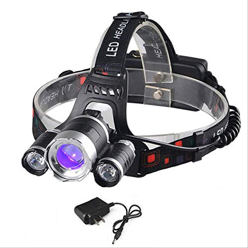 BAJIE Linterna Potente Faro de luz de Pesca Linterna con Zoom Cabezal de Camping Recargable UV Luz Negra y luz Blanca Set2