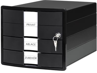 HAN Schubladenbox IMPULS 2.0 abschließbar mit 3 geschlossenen Schubladen für DIN A4/C4 inkl. Beschriftungsschilder, Unterlagenbox, Boden mit Auszugsperre, möbelschonende Gummifüße, 1018-13, schwarz