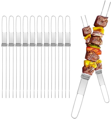Schaschlikspieße, 33CM (10 Stück) – Zweizinkige BBQ Flachspieße, Extra Breit: 5 mm und Extra Stark: 2 mm Dicke, Grillspieße Edelstahl Kebab Spieße, Grill Zubehör