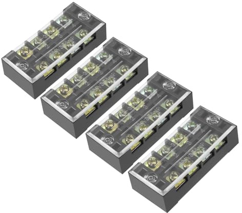 Rebower Bloques de Terminal de Tira de Bornes de 4 Posiciones Doble Hila 600V 35A Tornillos de Barrera (Con Cubierta) - Paquete de 4 / Negro/Tb-3504L