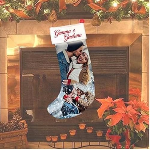 Calza Befana Personalizzata con Foto Stampa sublimata Full Print Dimensione 46x24 con Risvolto e appendono Materiale Pile Fronte E Policotone Retro (1 Pezzo)