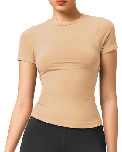 T-shirt de sport à col rond pour femme, léger, doux et extensible, t-shirt à manches courtes pour la vie décontractée, l'été, la gym, couleur chair, XL