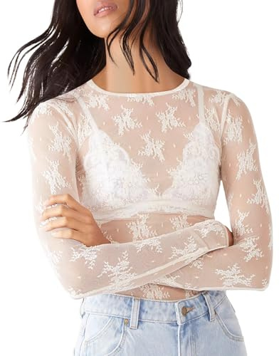 IECCP Damen Bluse Mesh Oberteil Transparentes Shirt Festival Oberteile Rave Outfit Langarm Clubwear Party Sexy Langarmshirt Durchsichtige Bluse Weiße Spitzenblume M