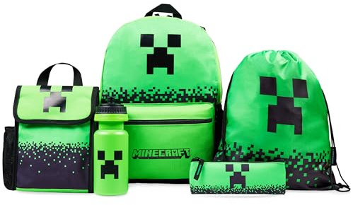 MINECRAFT Barnryggsäck 5-delat set vattenflaska lunchväska pennfodral väska dragsko eller nyckelring snodd skoltillbehör, Grön, Set di 5