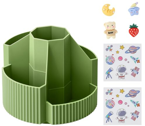 Fyfjur 360 Girevole Portapenne da Scrivania, Multifunzione Porta Penne per Scrivania con Adesivi di Cartoni Animati e Adesivi 3D (Verde, 13x10cm)