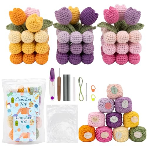 Alvian Tulpen Häkelsets für Anfänger Stricken für Anfänger Set Mit Wolle, Häkelnadeln & Video-Anleitung Häkel-Set für Erwachsene & Kinder ab 8-12 Jahren