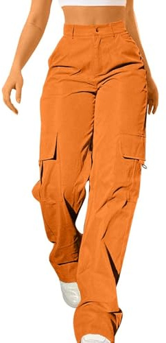 Pantaloni cargo da donna, taglie forti, a vita alta, ad alta elasticità, pantaloni da lavoro da combattimento, leggeri, con tasche multiple, comodi pantaloni da lavoro a gamba dritta, Arancione, S