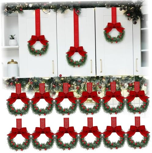 Mini Christmas Wreaths for Kitchen Cabinets, 12pcs 13cm Artificial Norfolk Pine Wreath with Berries & Bow, Small Wreath Decor for Xmas Table Centerpiece Front Door(Style 1)