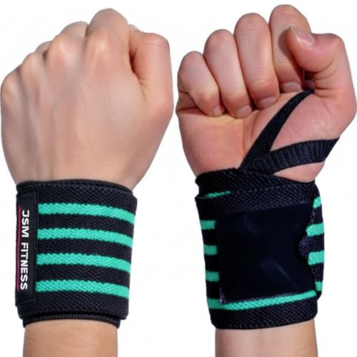 JSM FITNESS Fasce per Polsi Palestra, Polsiere Palestra Uomo, Donna, Polsini Crossfit – Wrist Wraps 56×8 cm con anello pollice, chiusura a strappo, supporto neutro, 2 pezzi