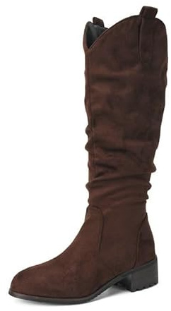 Botas Altas Estilo Western Para Mujer, Elegantes Botas De Caña Alta De Ante Con Diseño Plisado Y Tacón Bajo Cuadrado Con Cremallera Lateral Ideales Para Otoño E Invierno,Marrón,41 EU