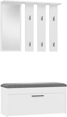 CDF Garderobe mit Spiegel & Schuhschrank - 6 Haken mit Sitzbank – Modernes Möbel im skandinavischen Design – 100x35x180 cm – Weiß - Praktischer Stauraum für Schuhe, Jacken & Accessoires