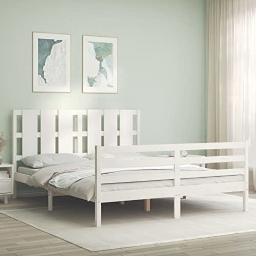 Gecheer Massiv träsäng, träsäng, massivt trä, säng, dubbelsäng/enkelsäng, balksäng, sängram, sängram, ribbotten med sänggavel vit, 160 x 200 cm