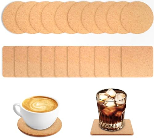 VINEST 20 Pezzi Sottobicchieri Sughero di 4 mm di Spessore, Sottopentola Sughero Rotondi Quadrati, Antiscivolo e Riutilizzabili Sottobicchieri Legno, Resistente al Calore Sottobicchieri, 10 x 10 cm