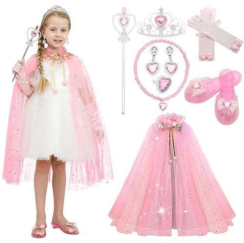 Sincere Party 11pcs Girl's pink tulle cape princess cape with plastic jewelries and plastic shoes costume set gift for girl's 3-8years