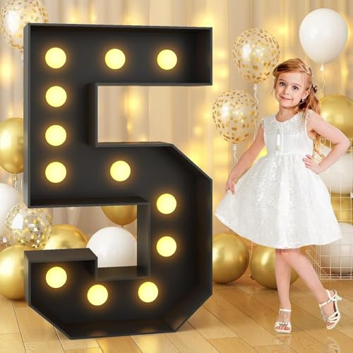 Black Marquee Light Up Number 5, Letter LED Light Sign Pre-cut Foam Glowing Mosaic Light Decor for Birthday Proposal Anniversary Wedding, 120CM/4FT