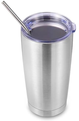Volhoply 20oz 550ml Travel Insulated Tumbler with Lid and Straw, Double Wall Insulated Travel Iced Coffee Mug Fits Car Cup Holder,Powder Coated Cups for Hot & Cold Drinks, BPA Free（Silver,1 Set）