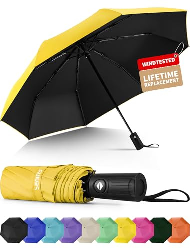 Seniny Windproof Travel Umbrella, Automatic Umbrellas for Rain, Portable & Compact Umbrellas for Backpack, Strong UV for Protection, Folding Small Sun Umbrella for Car, Walking, Yellow