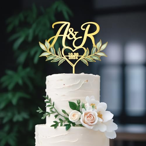 Party to Be Personalized Wedding Cake Topper with Custom Bride & Groom's Initials and Date Wedding Cake Decoration UV-Printed Heart and Green Leaves Design